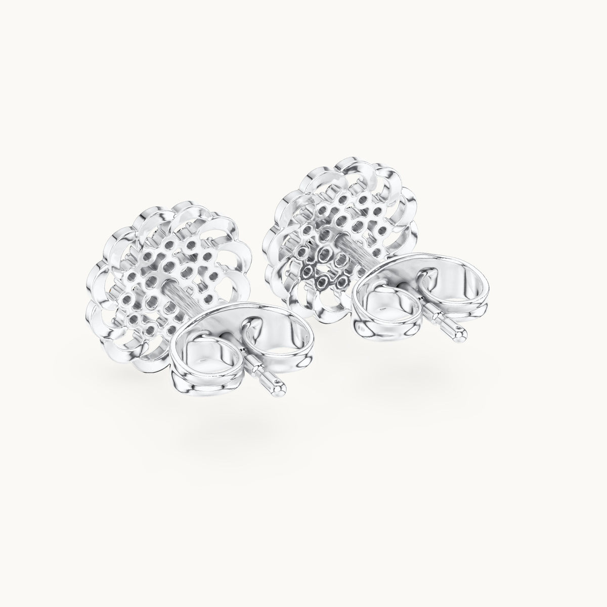 Round lab-grown diamond openwork flower cluster stud earrings in white gold, 0.18 CT TW, view 3