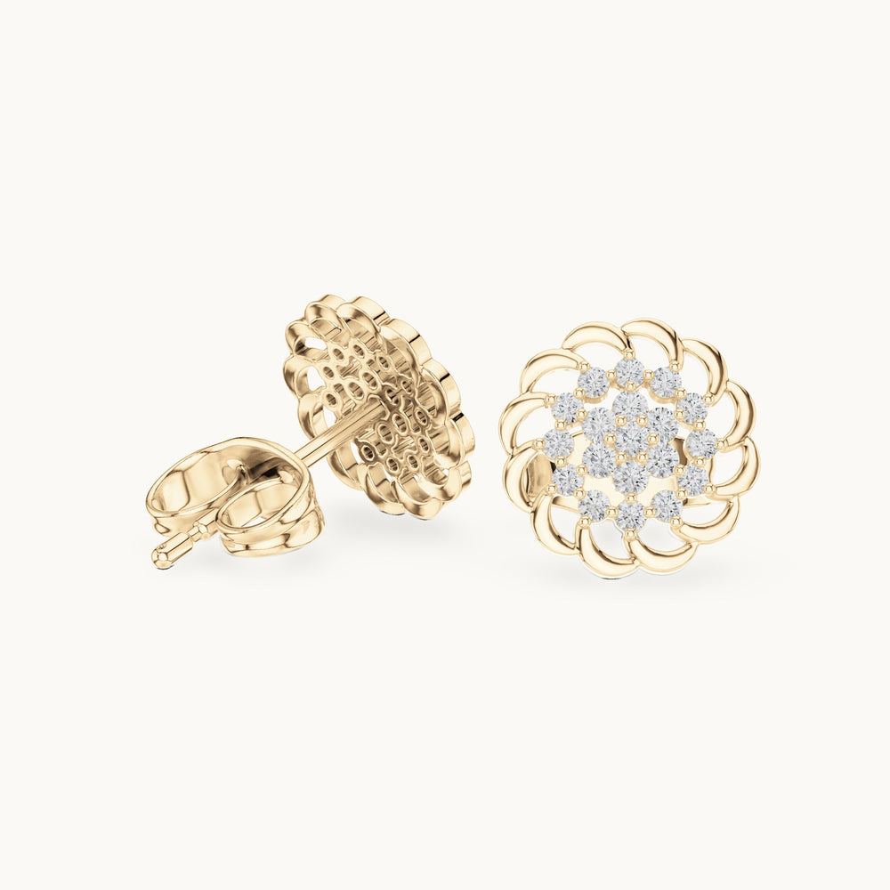 Round lab-grown diamond openwork flower cluster stud earrings in yellow gold, 0.18 CT TW, view 1