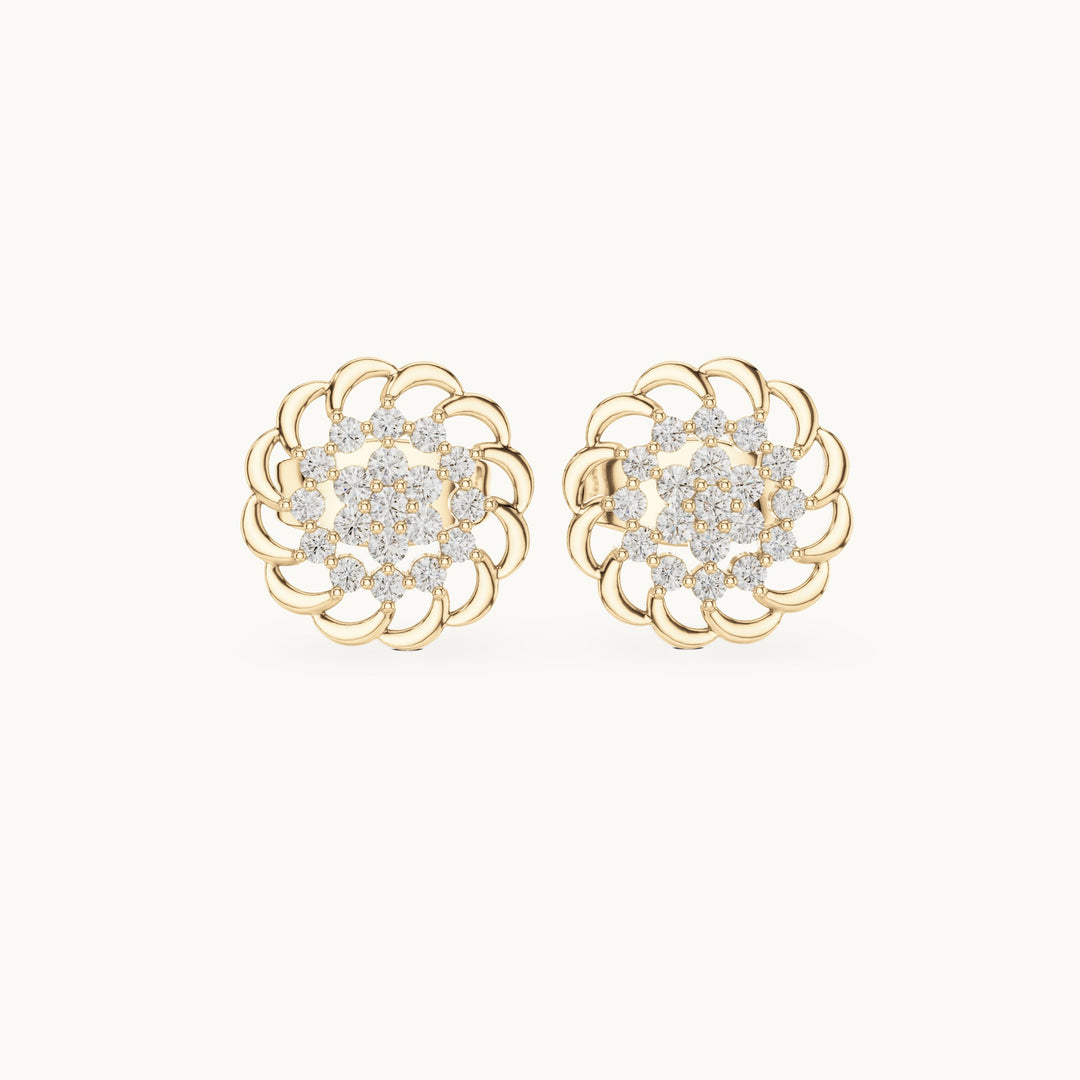 Round lab-grown diamond openwork flower cluster stud earrings in yellow gold, 0.18 CT TW, view 4