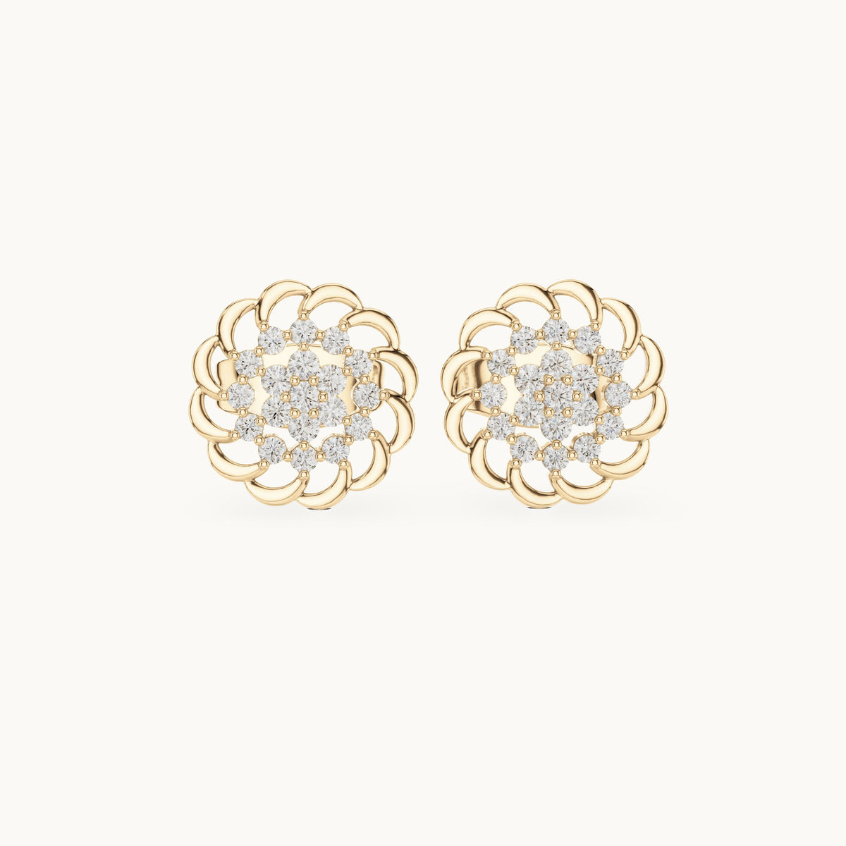 Round lab-grown diamond openwork flower cluster stud earrings in yellow gold, 0.18 CT TW, view 4