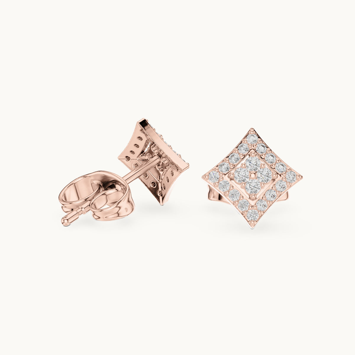 Round lab-grown diamond double frame kite stud earrings in rose gold, 0.19 CT TW, view 1