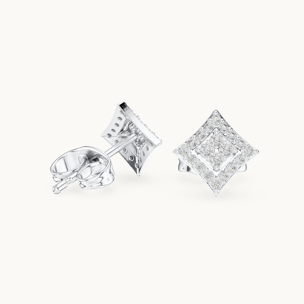 Round lab-grown diamond double frame kite stud earrings in white gold, 0.19 CT TW, view 1