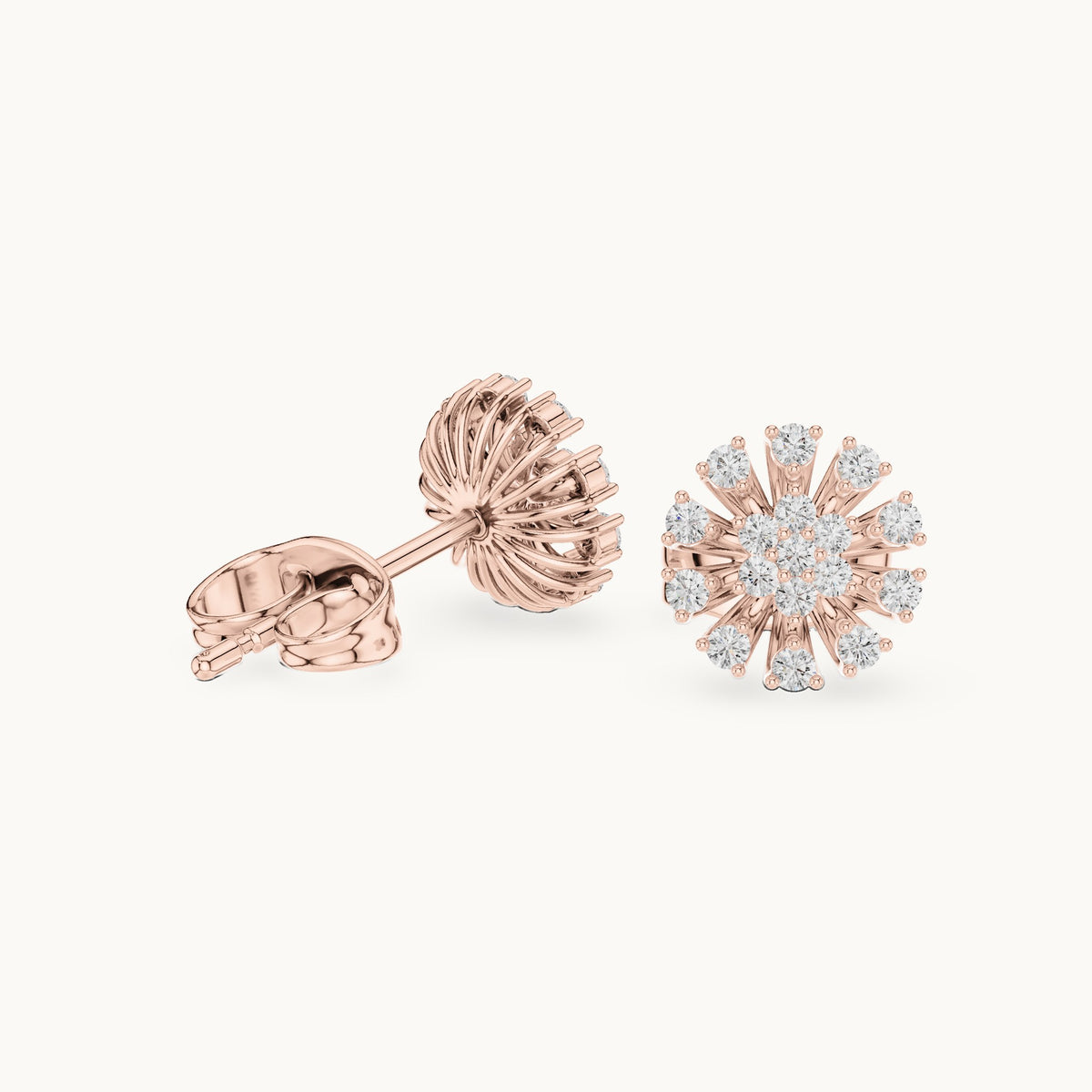 Round lab-grown diamond sunburst cluster stud earrings in rose gold, 0.19 CT TW, view 1