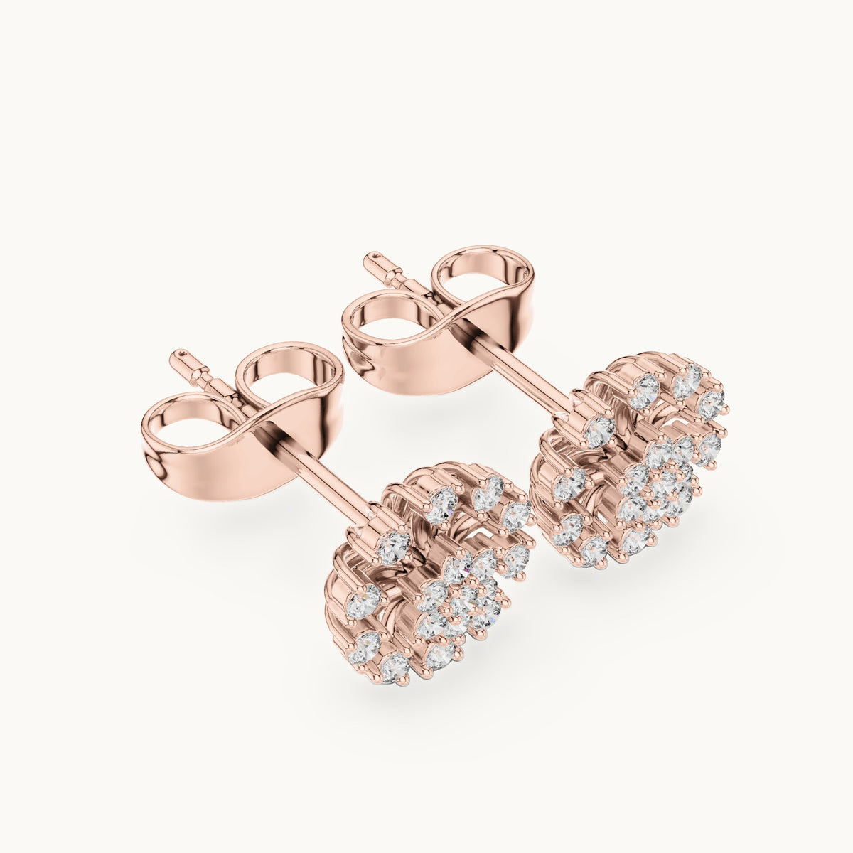 Round lab-grown diamond sunburst cluster stud earrings in rose gold, 0.19 CT TW, view 2