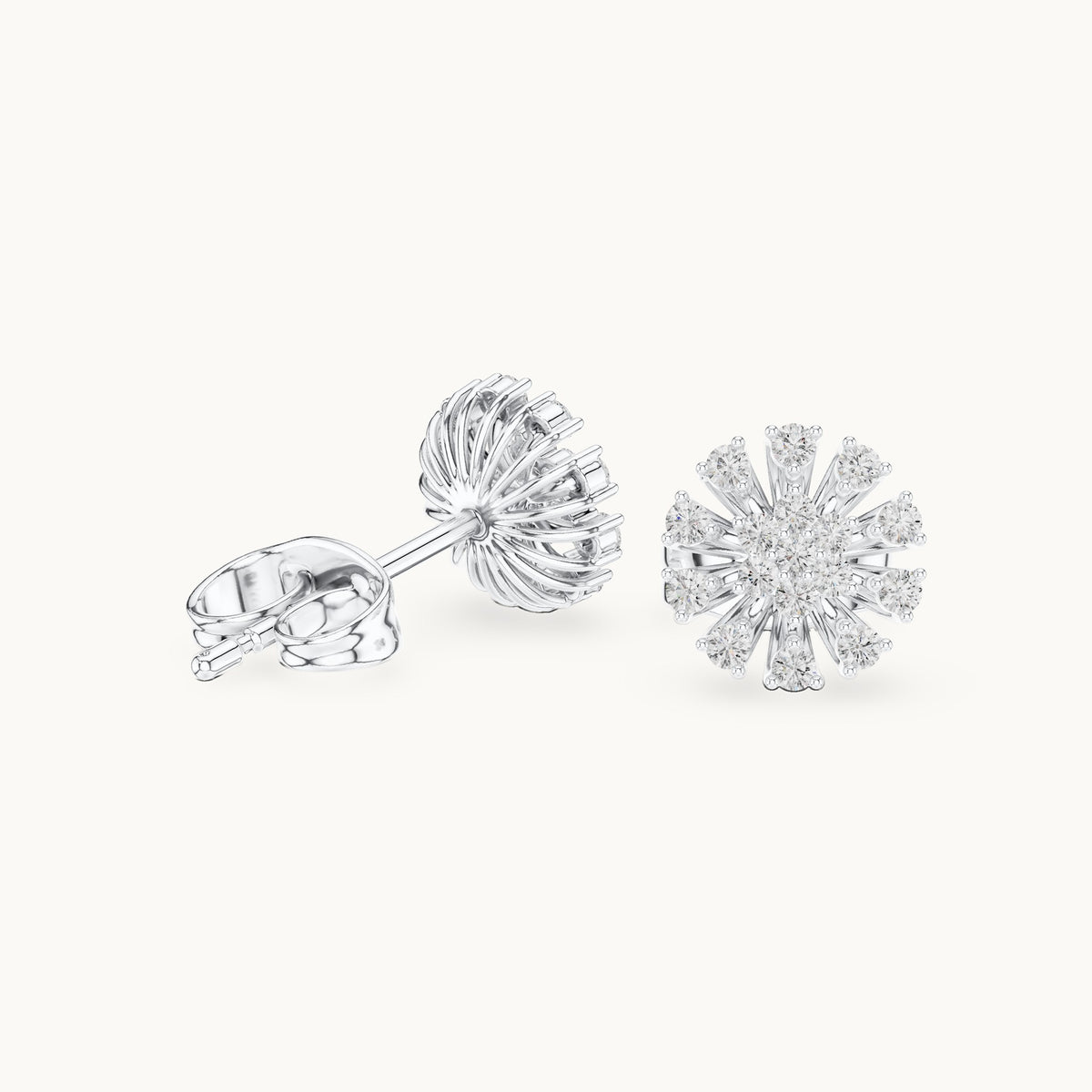 Round lab-grown diamond sunburst cluster stud earrings in white gold, 0.19 CT TW, view 1