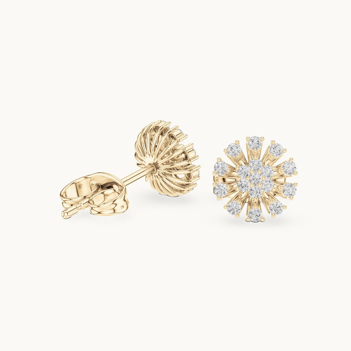 Round lab-grown diamond sunburst cluster stud earrings in yellow gold, 0.19 CT TW, view 1
