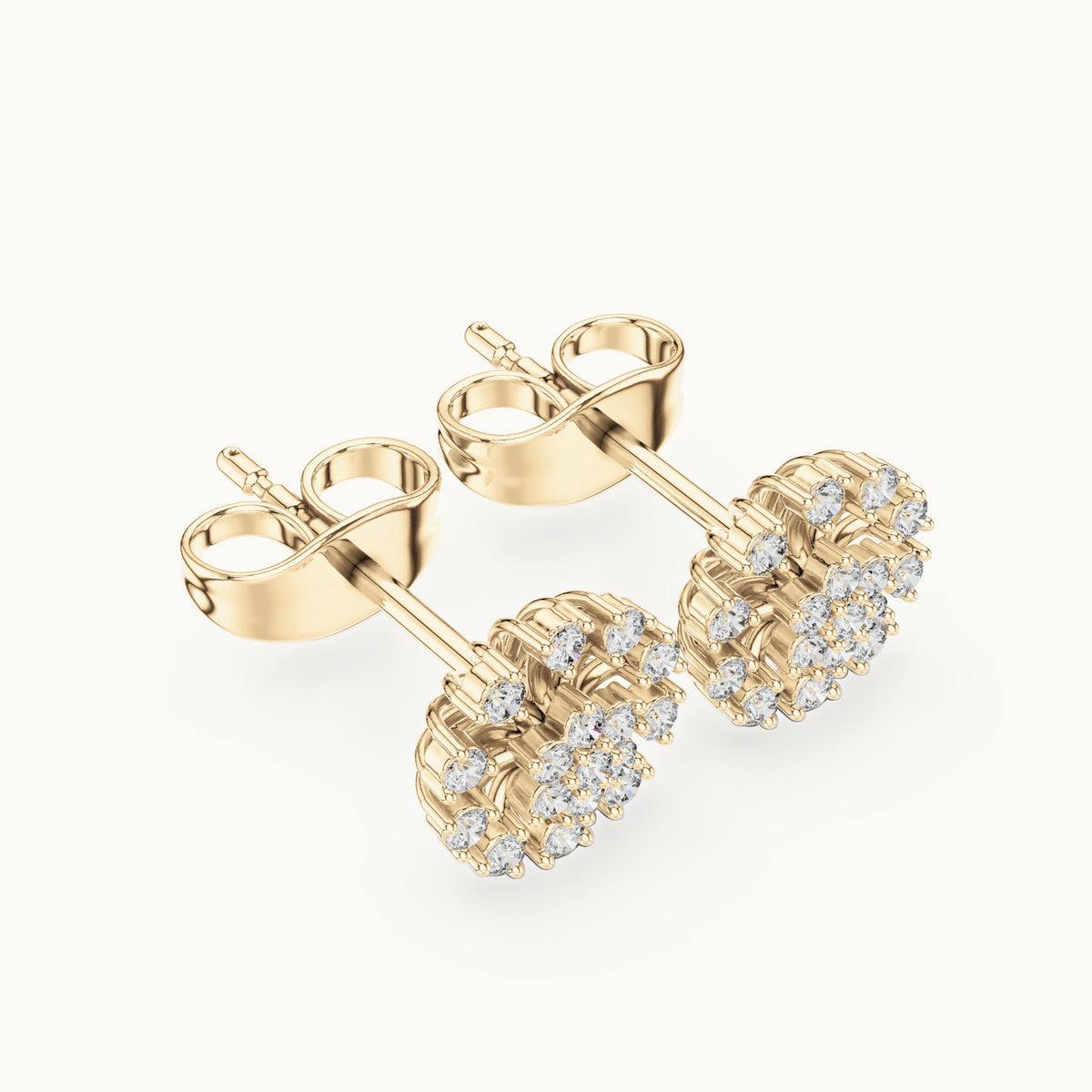 Round lab-grown diamond sunburst cluster stud earrings in yellow gold, 0.19 CT TW, view 2