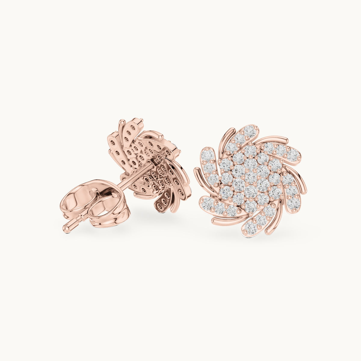Round lab-grown diamond pinwheel pavé swirl stud earrings in rose gold, 0.33 CT TW, view 1