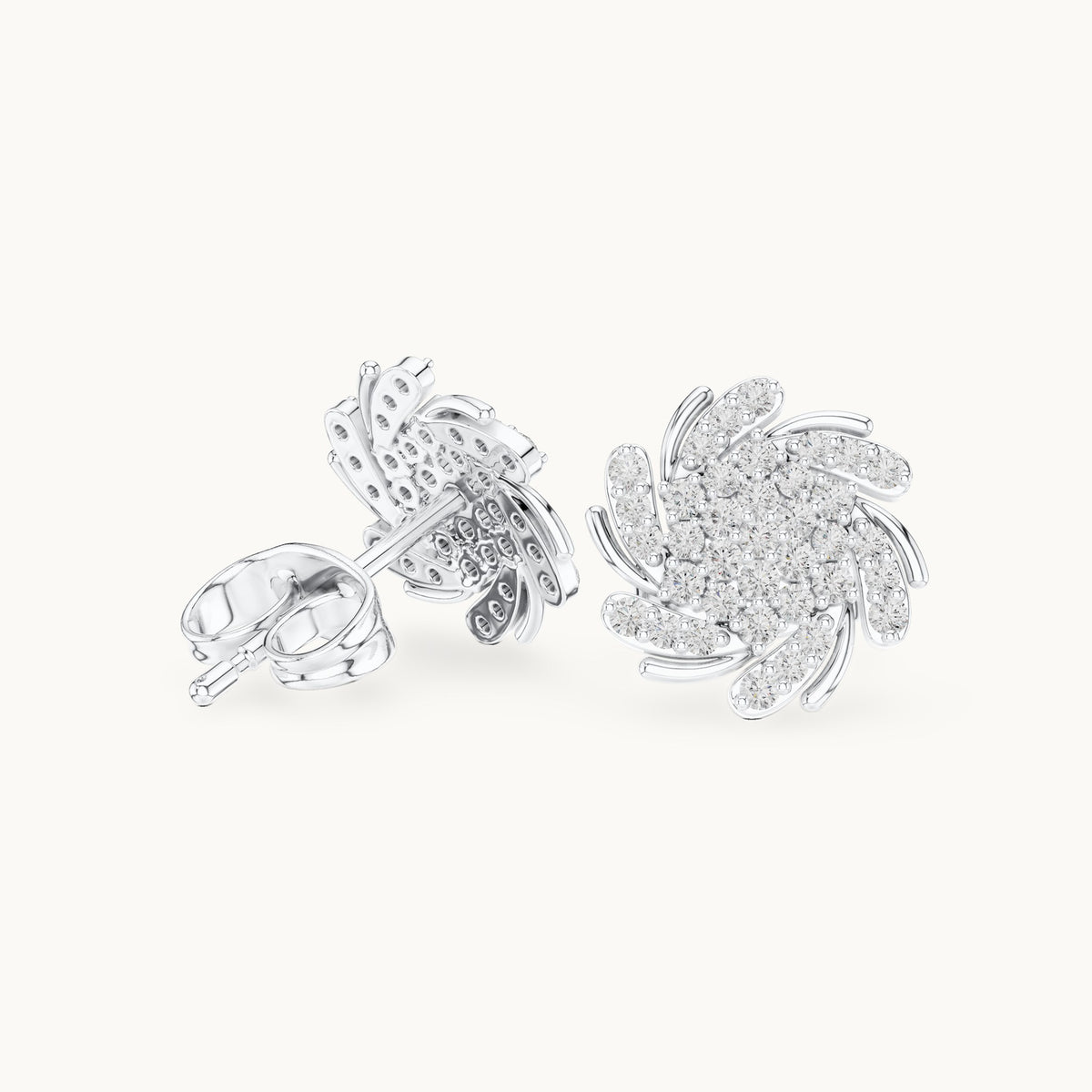 Round lab-grown diamond pinwheel pavé swirl stud earrings in white gold, 0.33 CT TW, view 1