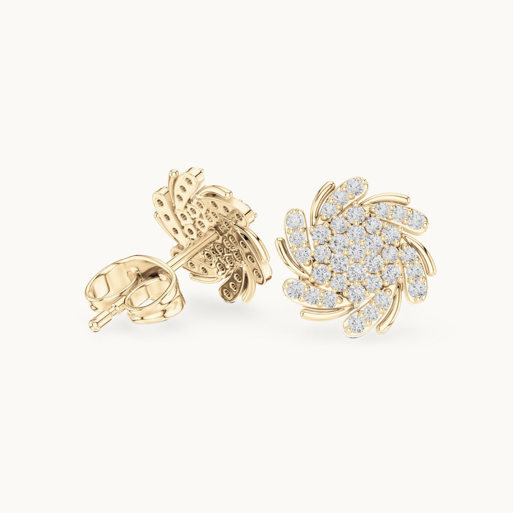 Round lab-grown diamond pinwheel pavé swirl stud earrings in yellow gold, 0.33 CT TW, view 1