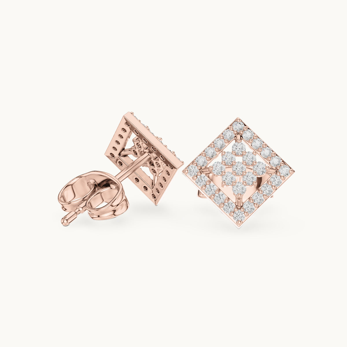 Round lab-grown diamond geometric square lattice stud earrings in rose gold, 0.25 CT TW, view 1
