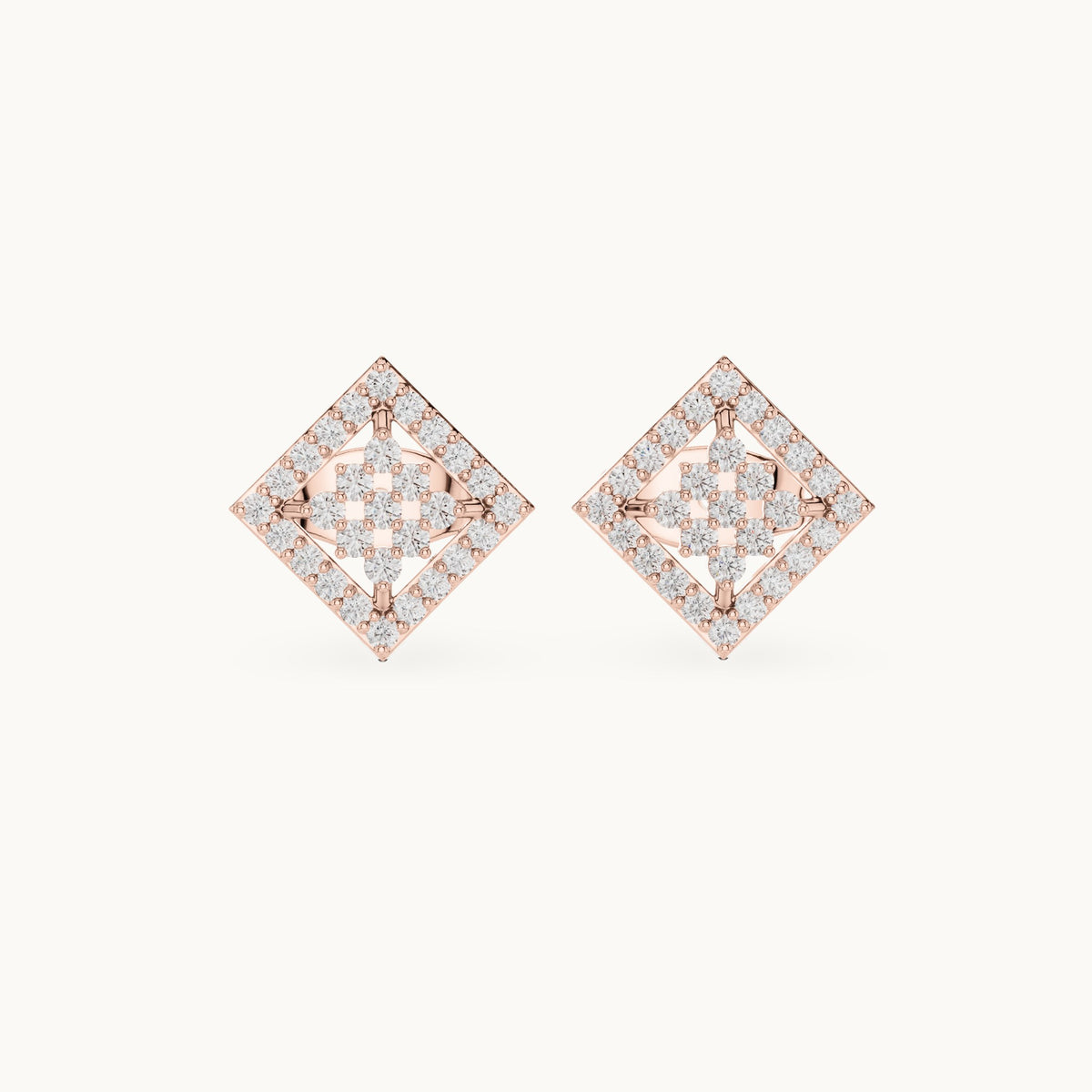 Round lab-grown diamond geometric square lattice stud earrings in rose gold, 0.25 CT TW, view 4