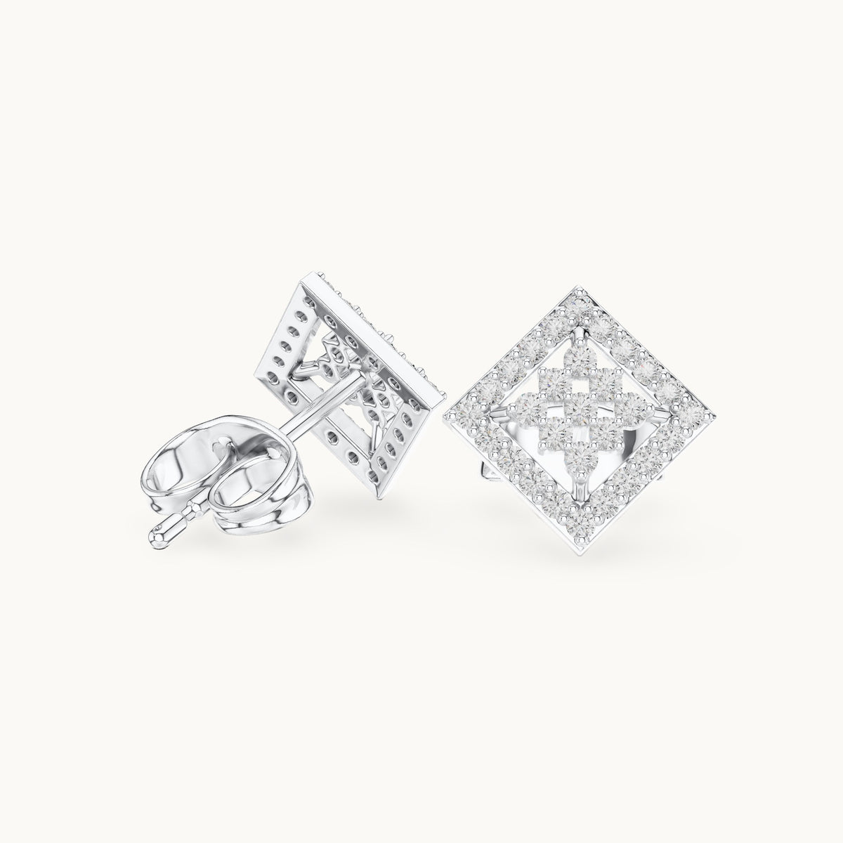 Round lab-grown diamond geometric square lattice stud earrings in white gold, 0.25 CT TW, view 1