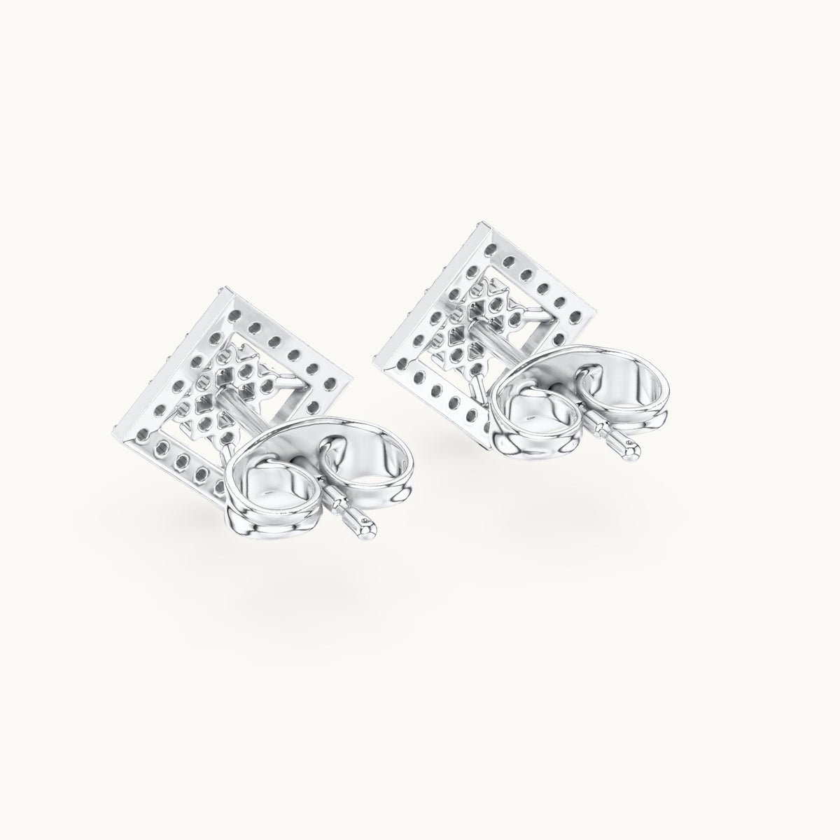 Round lab-grown diamond geometric square lattice stud earrings in white gold, 0.25 CT TW, view 3