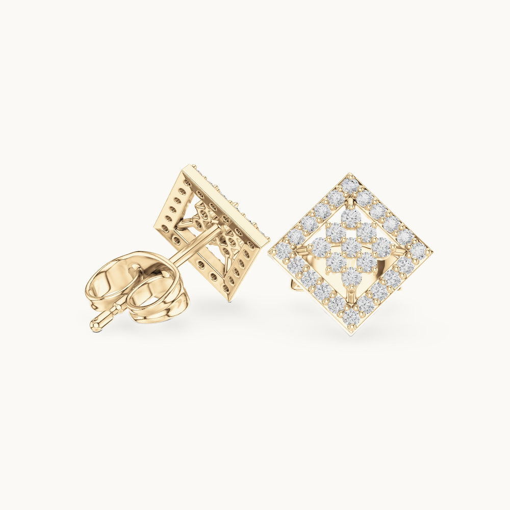 Round lab-grown diamond geometric square lattice stud earrings in yellow gold, 0.25 CT TW, view 1