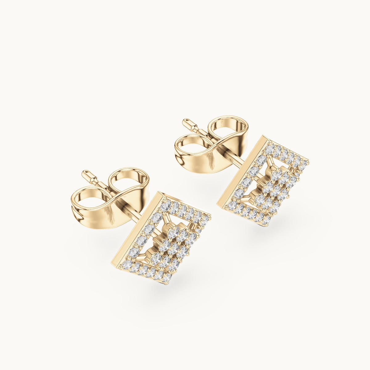 Round lab-grown diamond geometric square lattice stud earrings in yellow gold, 0.25 CT TW, view 2