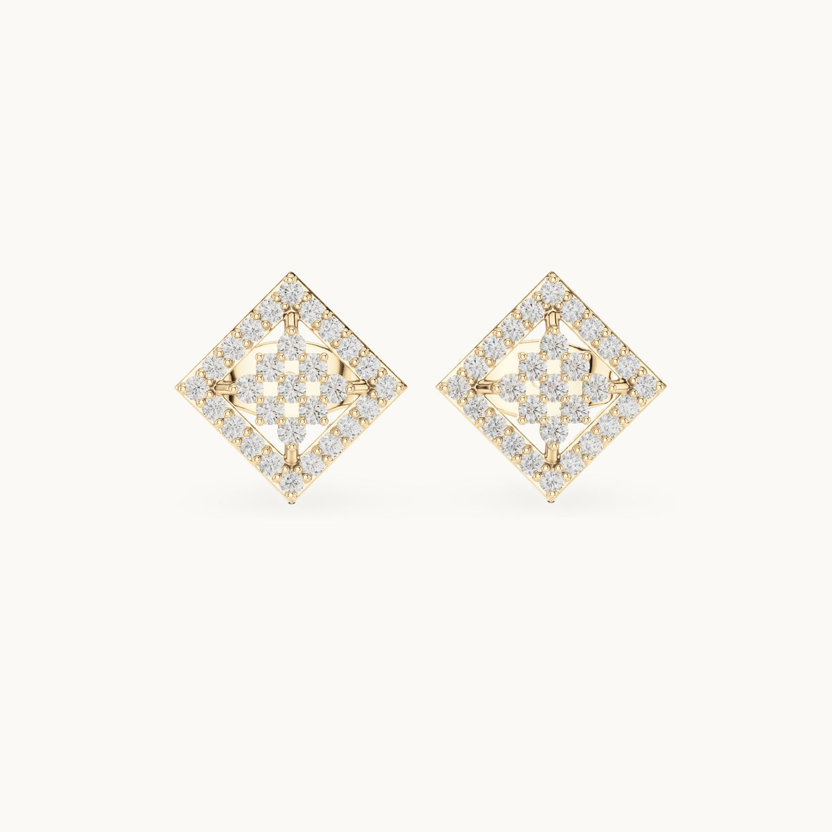 Round lab-grown diamond geometric square lattice stud earrings in yellow gold, 0.25 CT TW, view 4