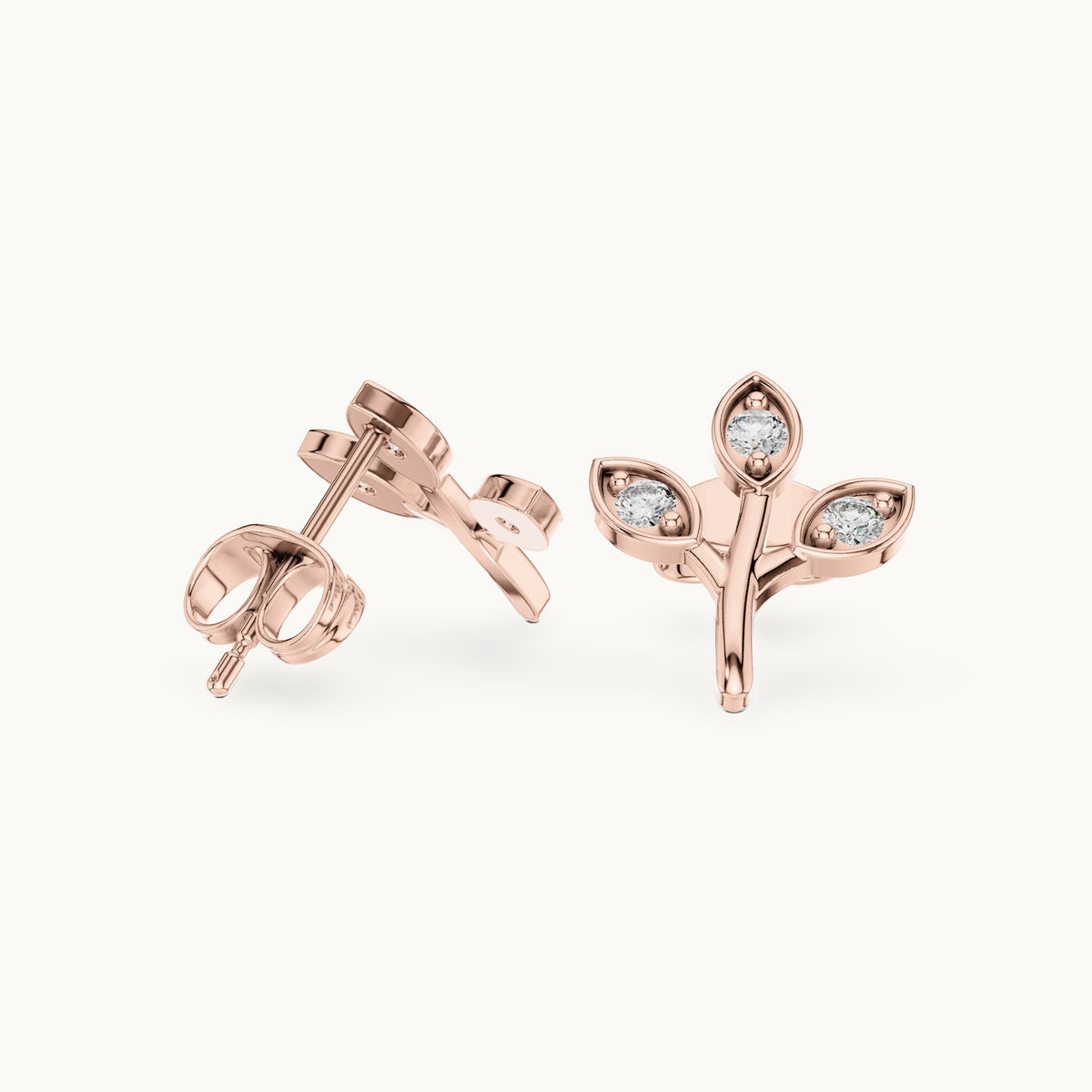 Round lab-grown diamond three-leaf sprig stud earrings in rose gold, 0.21 CT TW, view 1
