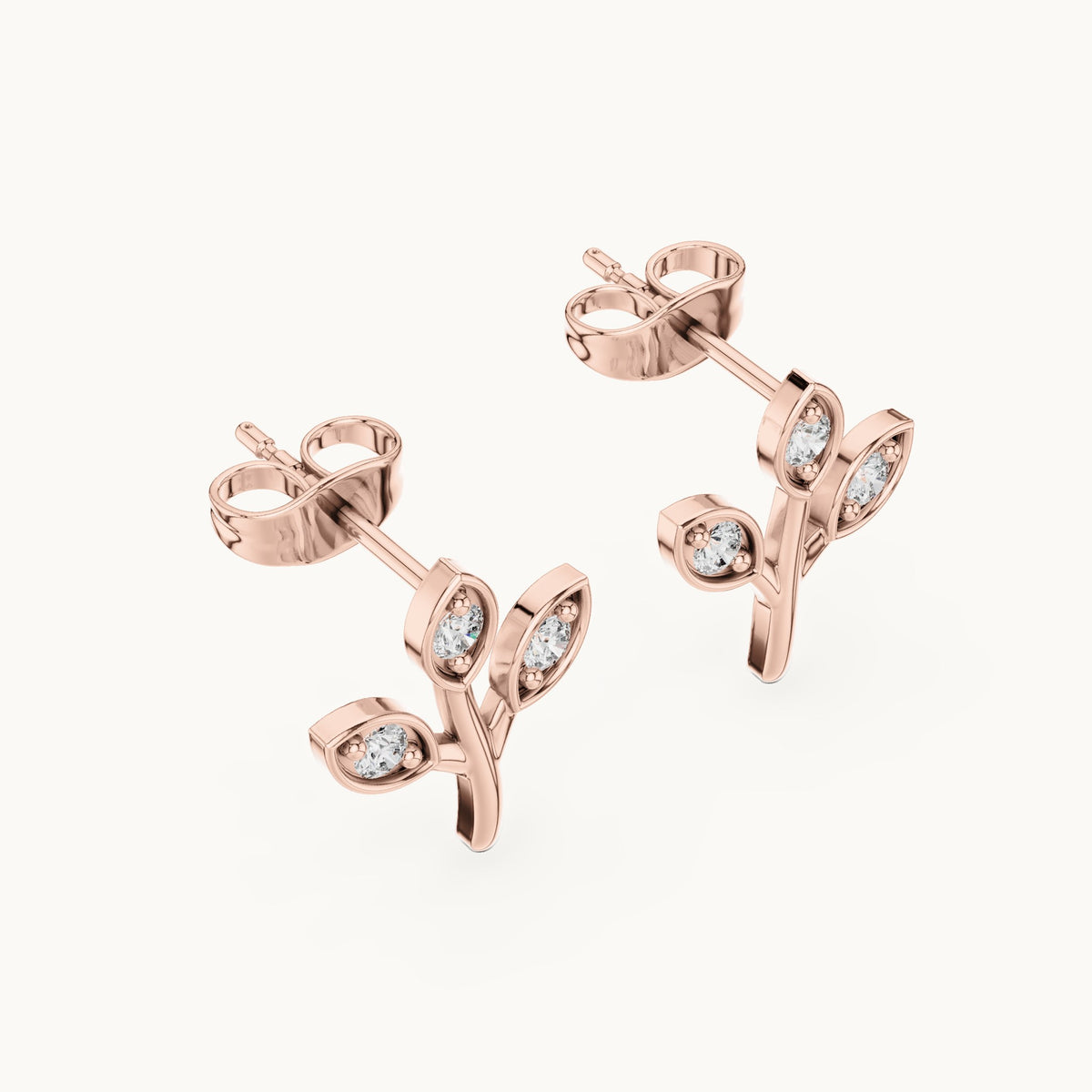 Round lab-grown diamond three-leaf sprig stud earrings in rose gold, 0.21 CT TW, view 2