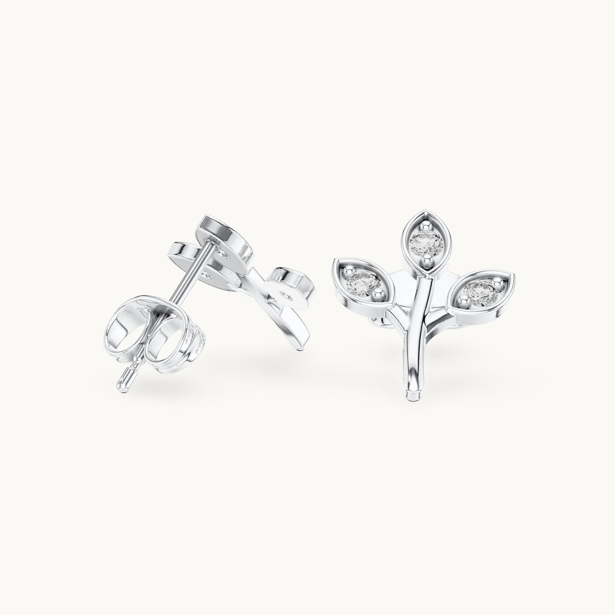 Round lab-grown diamond three-leaf sprig stud earrings in white gold, 0.21 CT TW, view 1