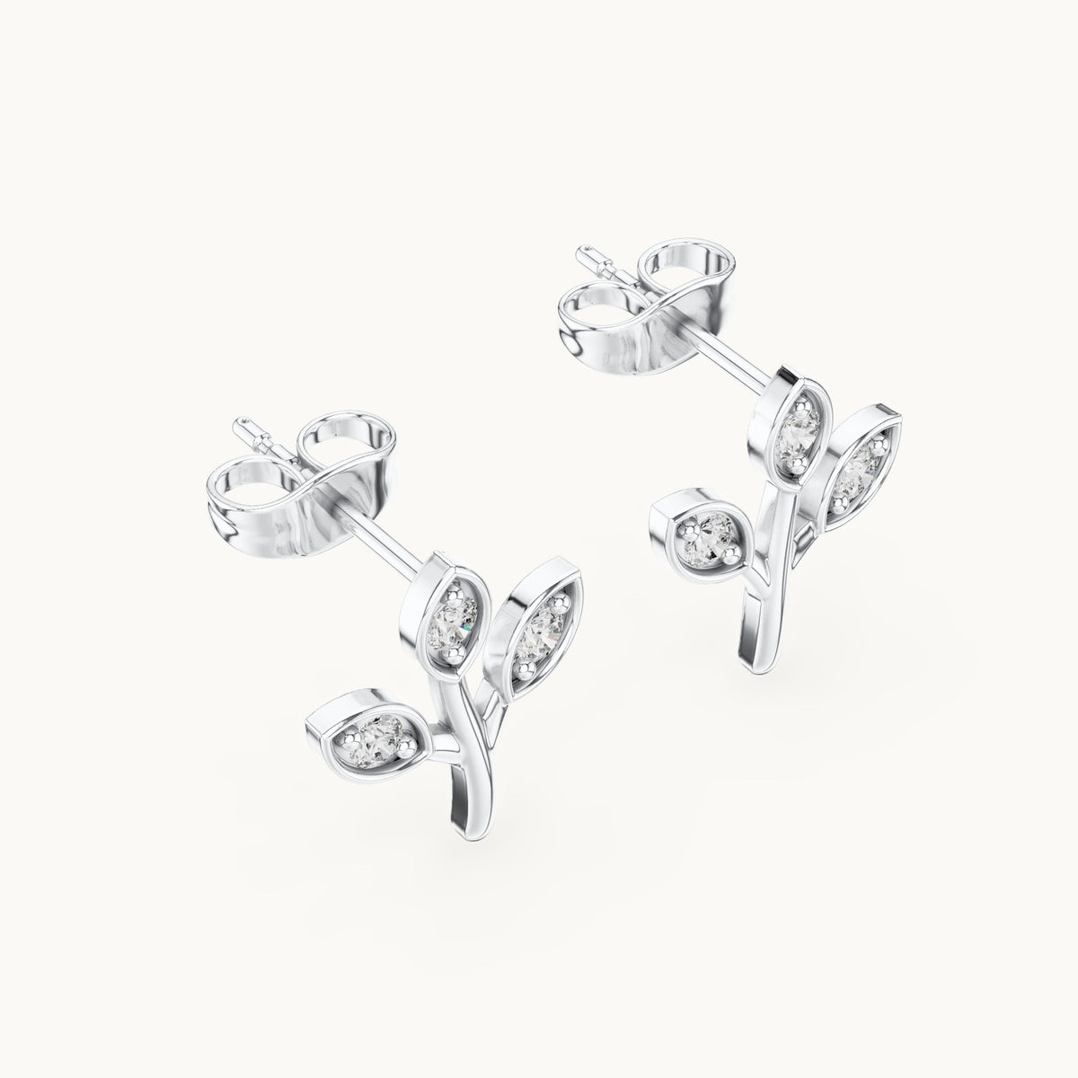 Round lab-grown diamond three-leaf sprig stud earrings in white gold, 0.21 CT TW, view 2
