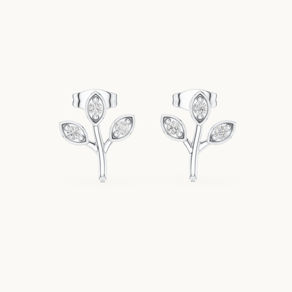 Round lab-grown diamond three-leaf sprig stud earrings in white gold, 0.21 CT TW, view 4