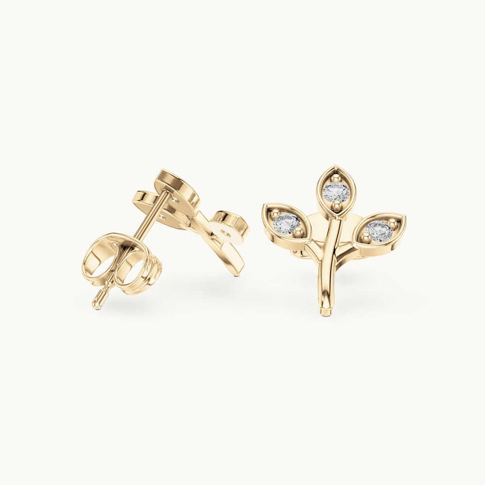 Round lab-grown diamond three-leaf sprig stud earrings in yellow gold, 0.21 CT TW, view 1