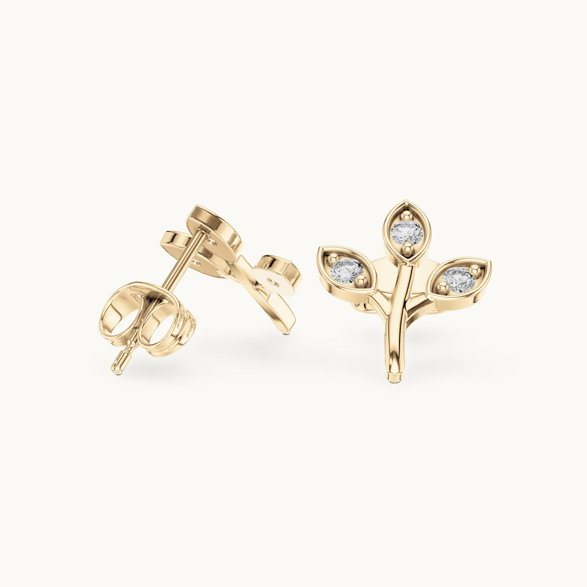 Round lab-grown diamond three-leaf sprig stud earrings in yellow gold, 0.21 CT TW, view 1