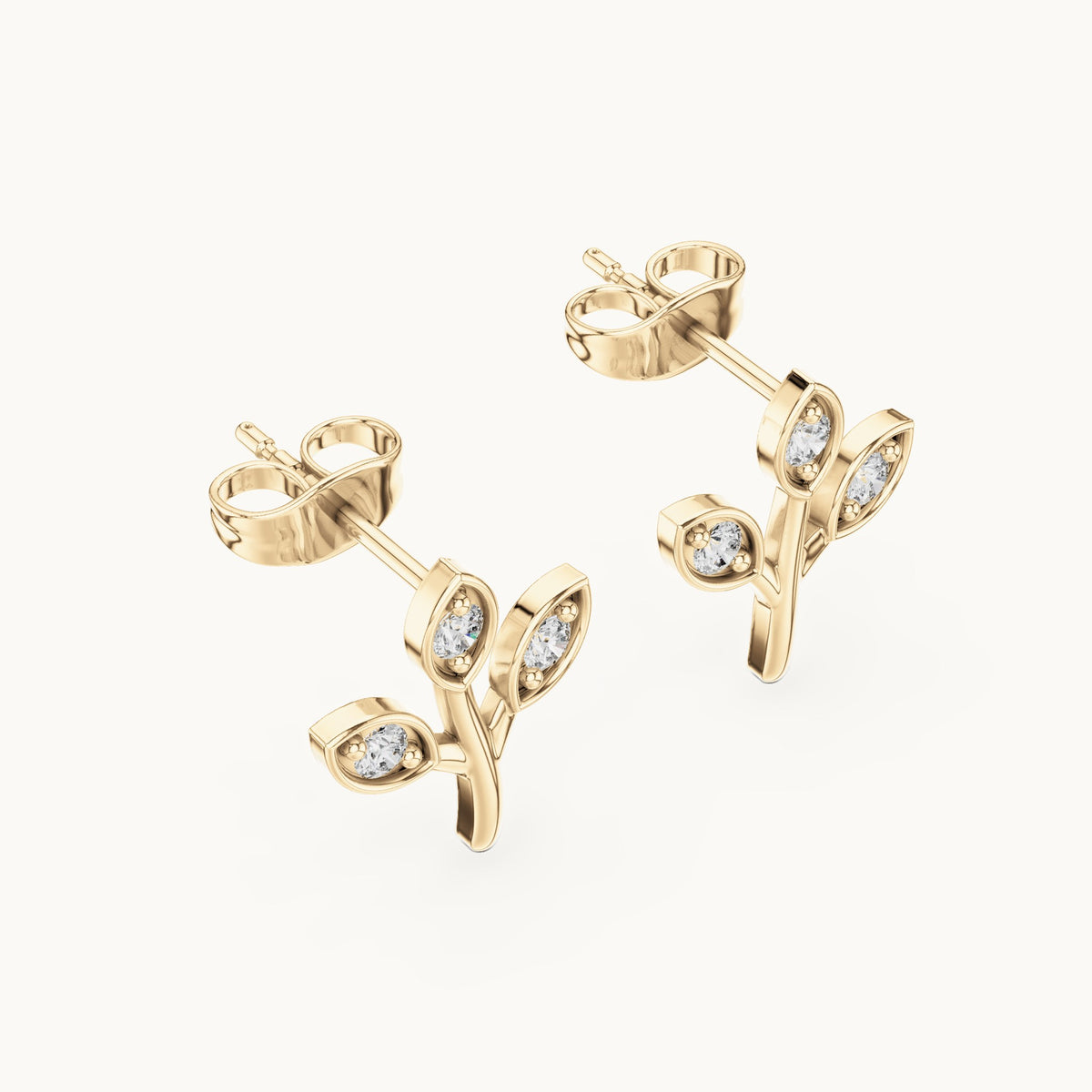 Round lab-grown diamond three-leaf sprig stud earrings in yellow gold, 0.21 CT TW, view 2