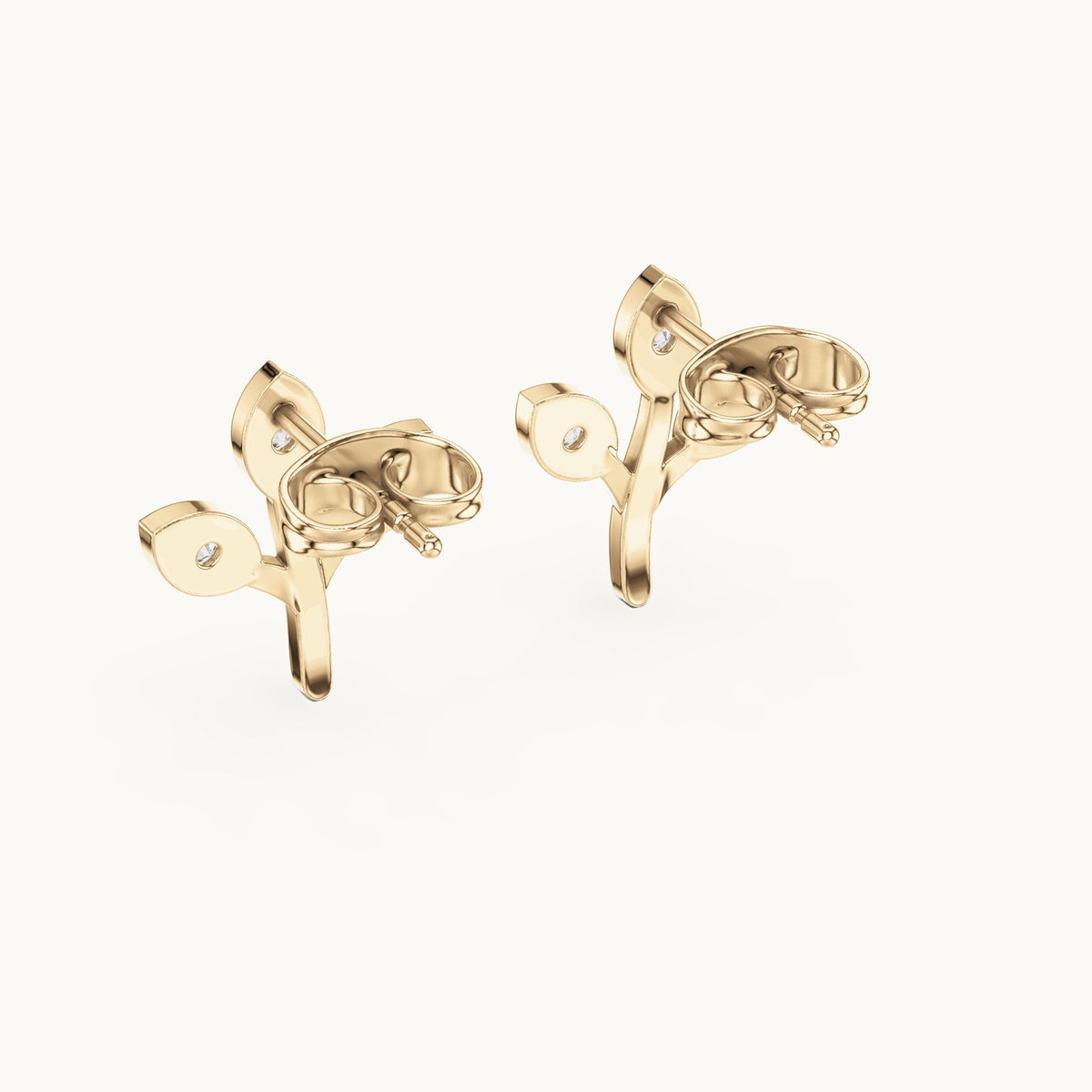 Round lab-grown diamond three-leaf sprig stud earrings in yellow gold, 0.21 CT TW, view 3