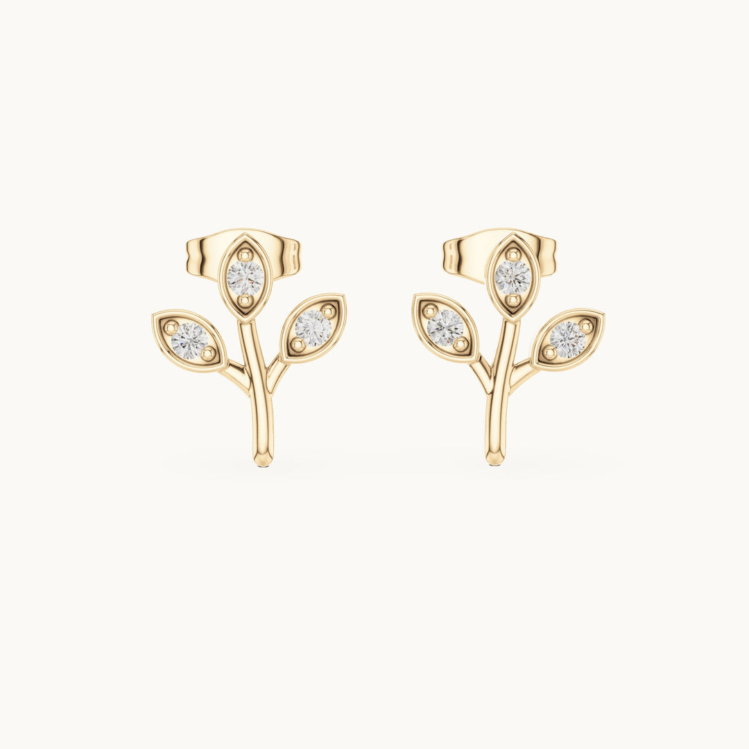 Round lab-grown diamond three-leaf sprig stud earrings in yellow gold, 0.21 CT TW, view 4