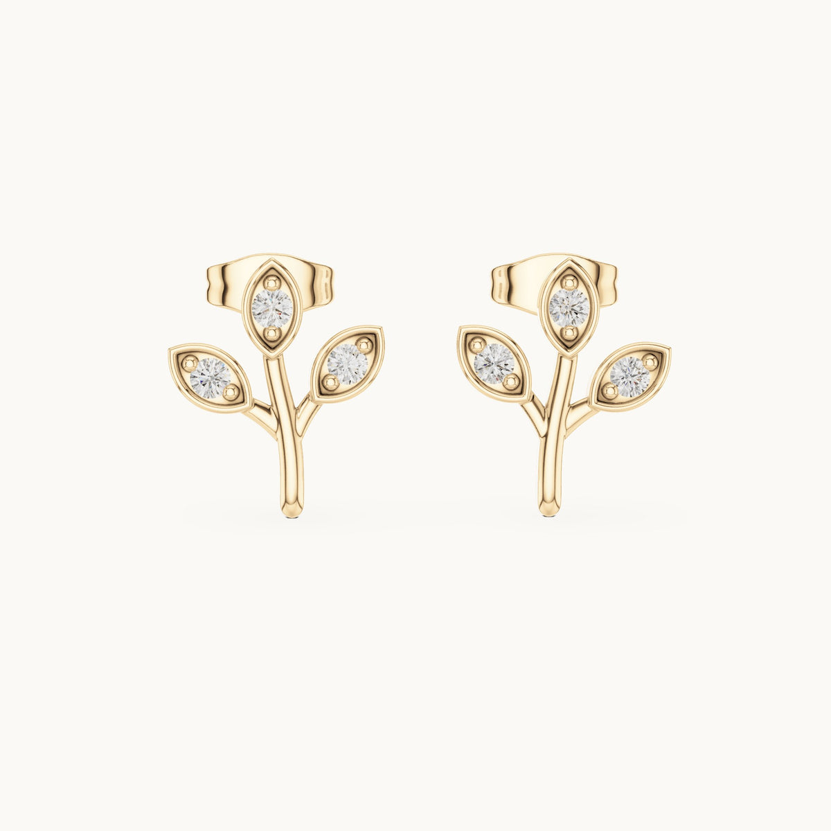 Round lab-grown diamond three-leaf sprig stud earrings in yellow gold, 0.21 CT TW, view 4