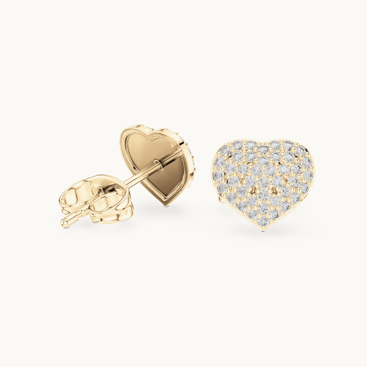 Round lab-grown diamond pavé heart stud earrings in yellow gold, 0.33 CT TW, view 1