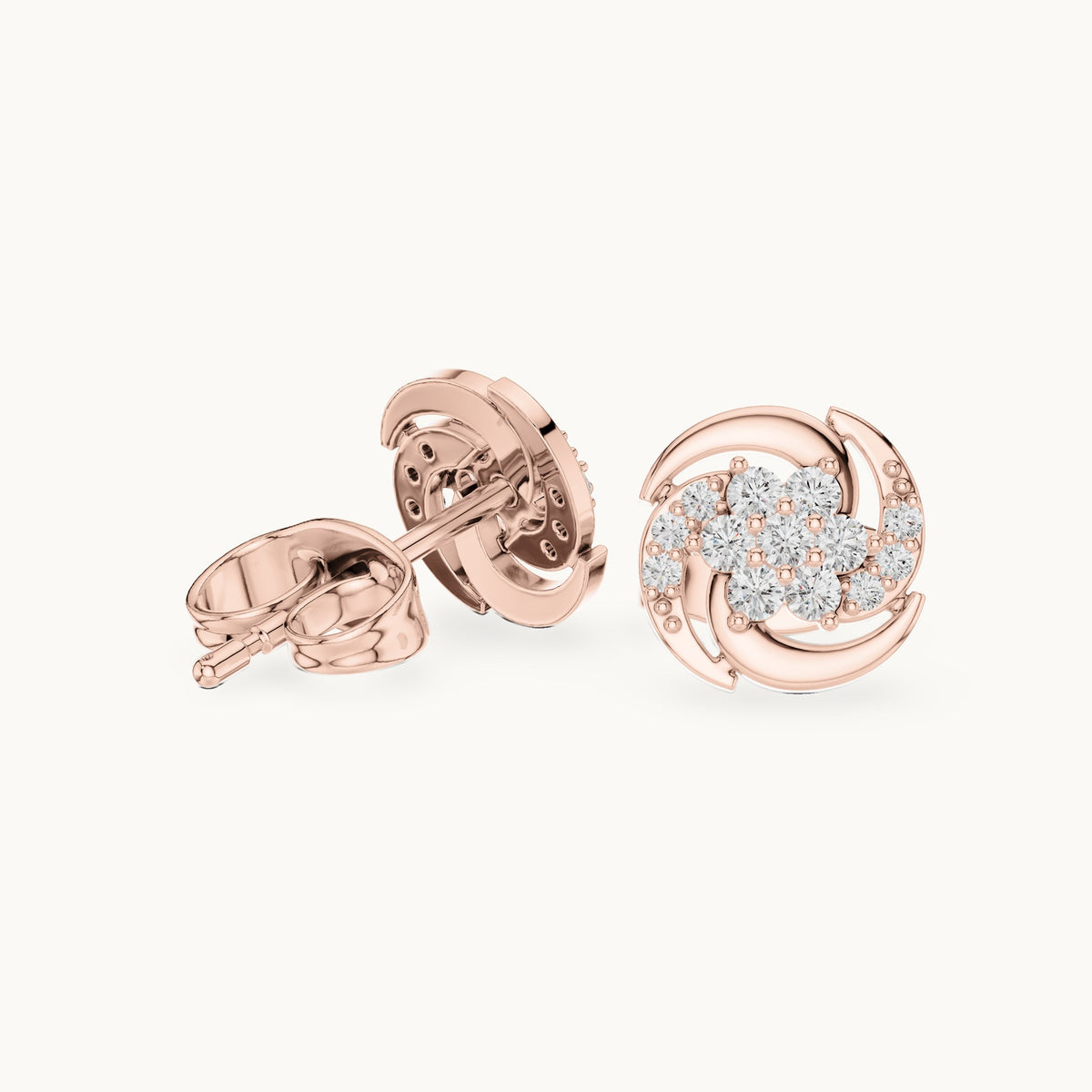 Round lab-grown diamond pinwheel cluster stud earrings in rose gold, 0.18 CT TW, view 1