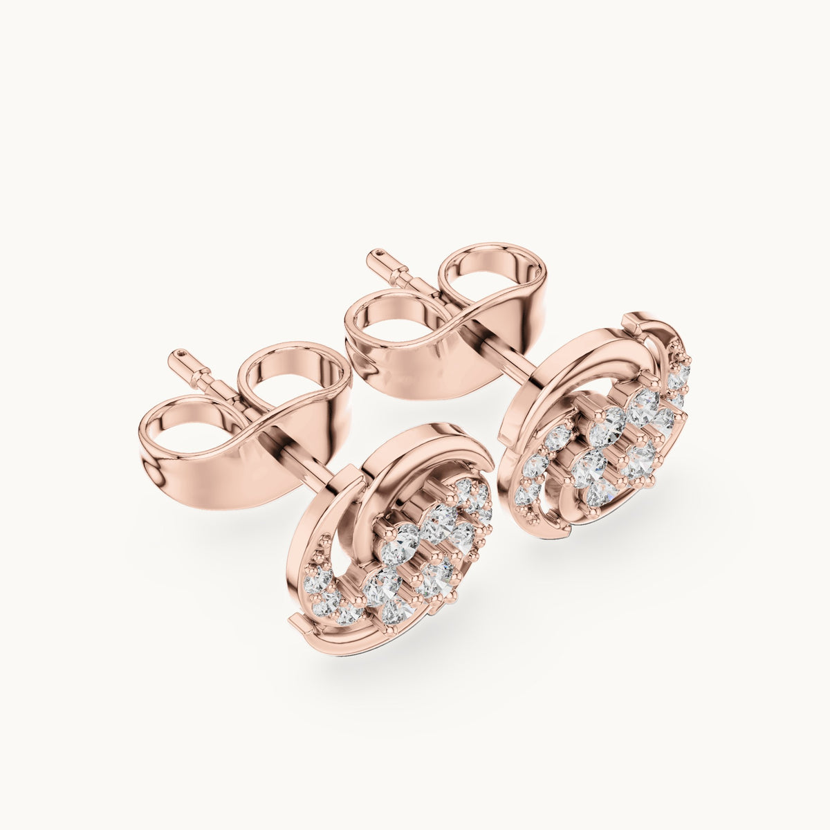 Round lab-grown diamond pinwheel cluster stud earrings in rose gold, 0.18 CT TW, view 2