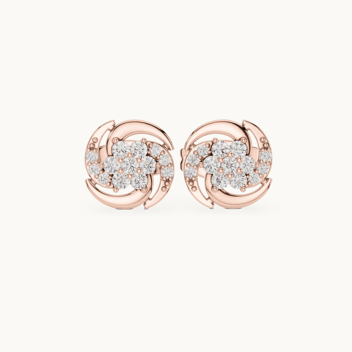 Round lab-grown diamond pinwheel cluster stud earrings in rose gold, 0.18 CT TW, view 4