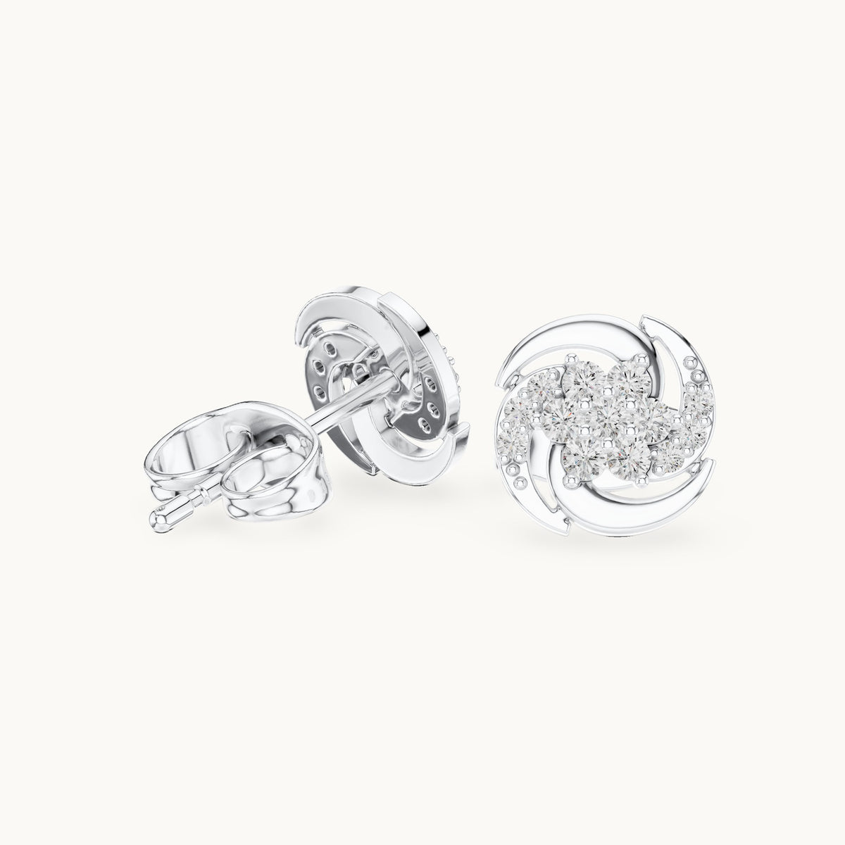 Round lab-grown diamond pinwheel cluster stud earrings in white gold, 0.18 CT TW, view 1