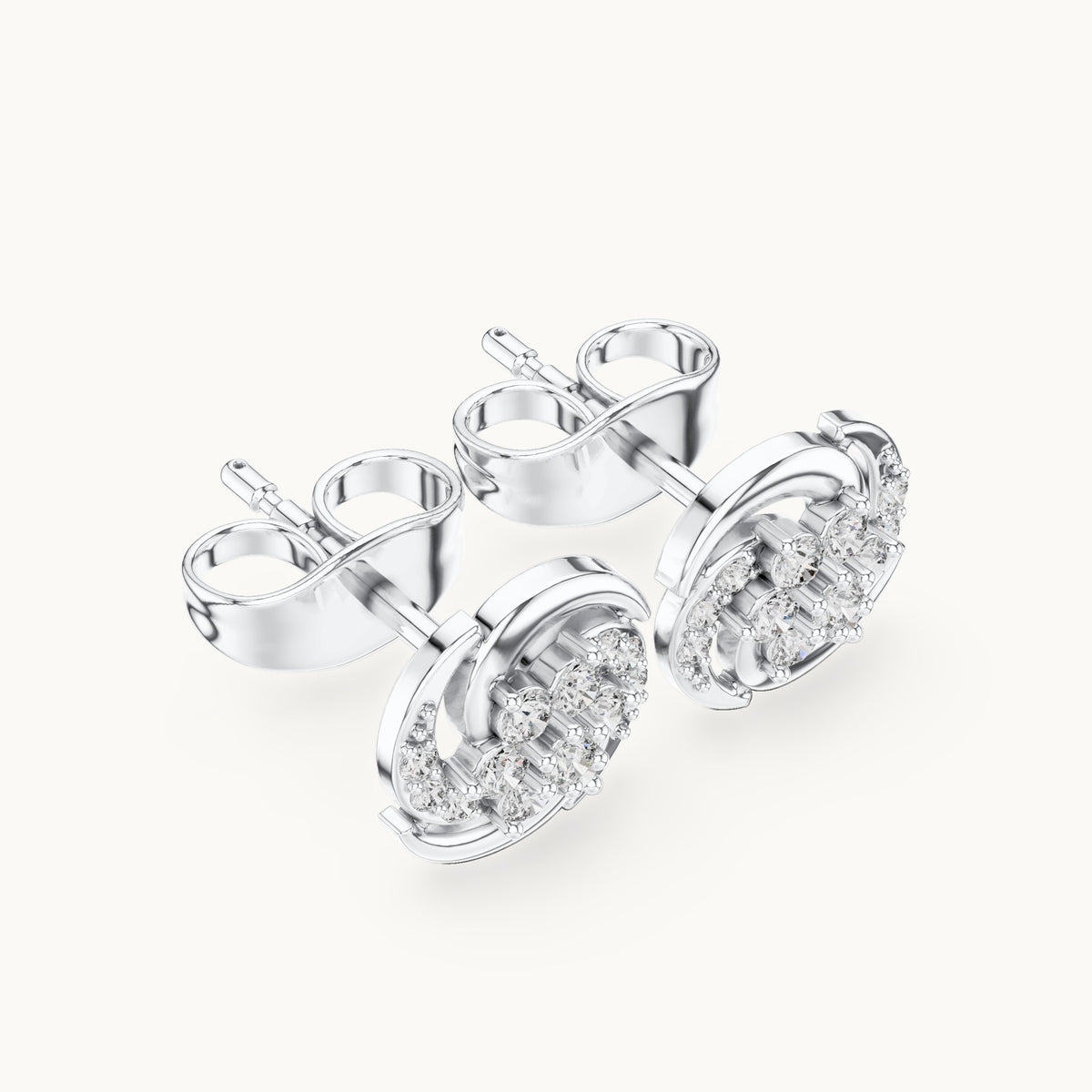 Round lab-grown diamond pinwheel cluster stud earrings in white gold, 0.18 CT TW, view 2