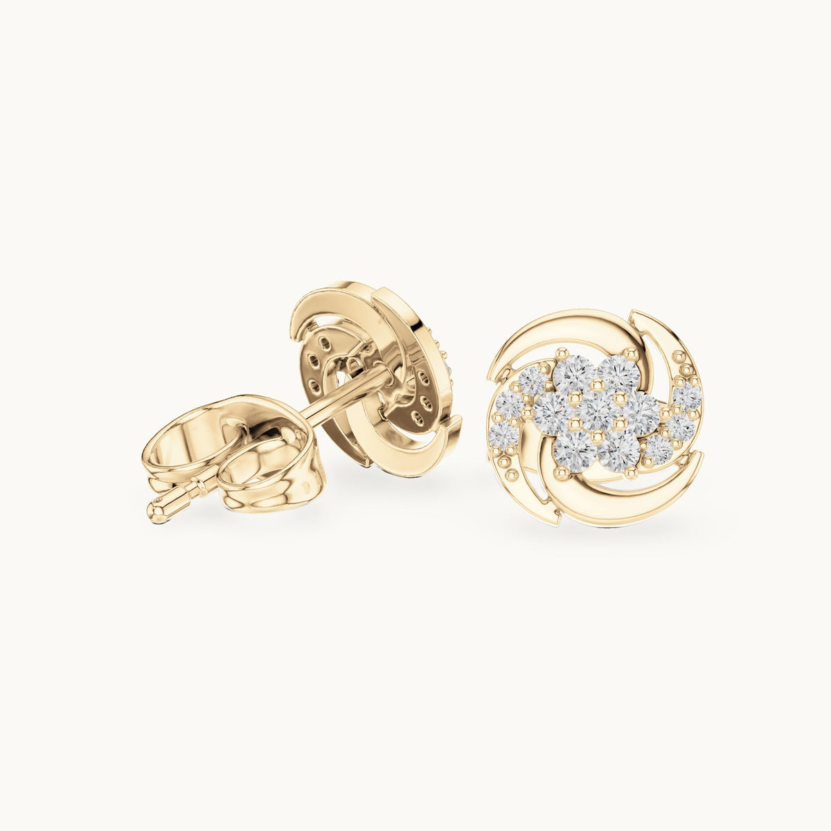 Round lab-grown diamond pinwheel cluster stud earrings in yellow gold, 0.18 CT TW, view 1