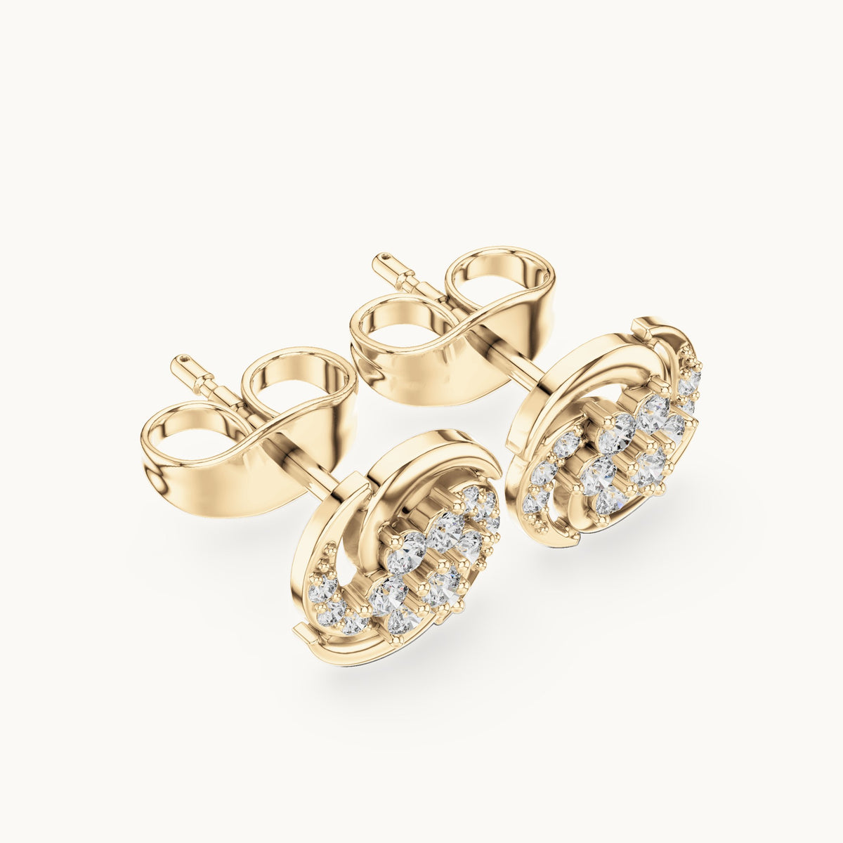 Round lab-grown diamond pinwheel cluster stud earrings in yellow gold, 0.18 CT TW, view 2