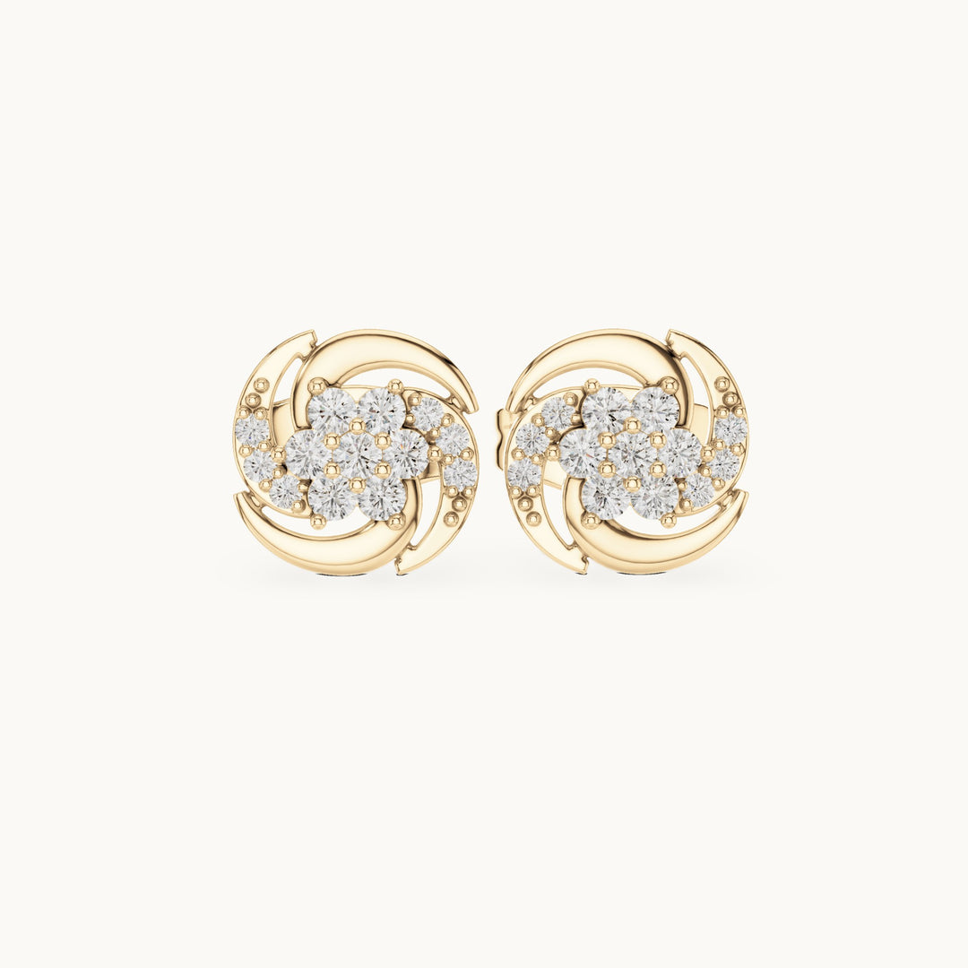 Round lab-grown diamond pinwheel cluster stud earrings in yellow gold, 0.18 CT TW, view 4