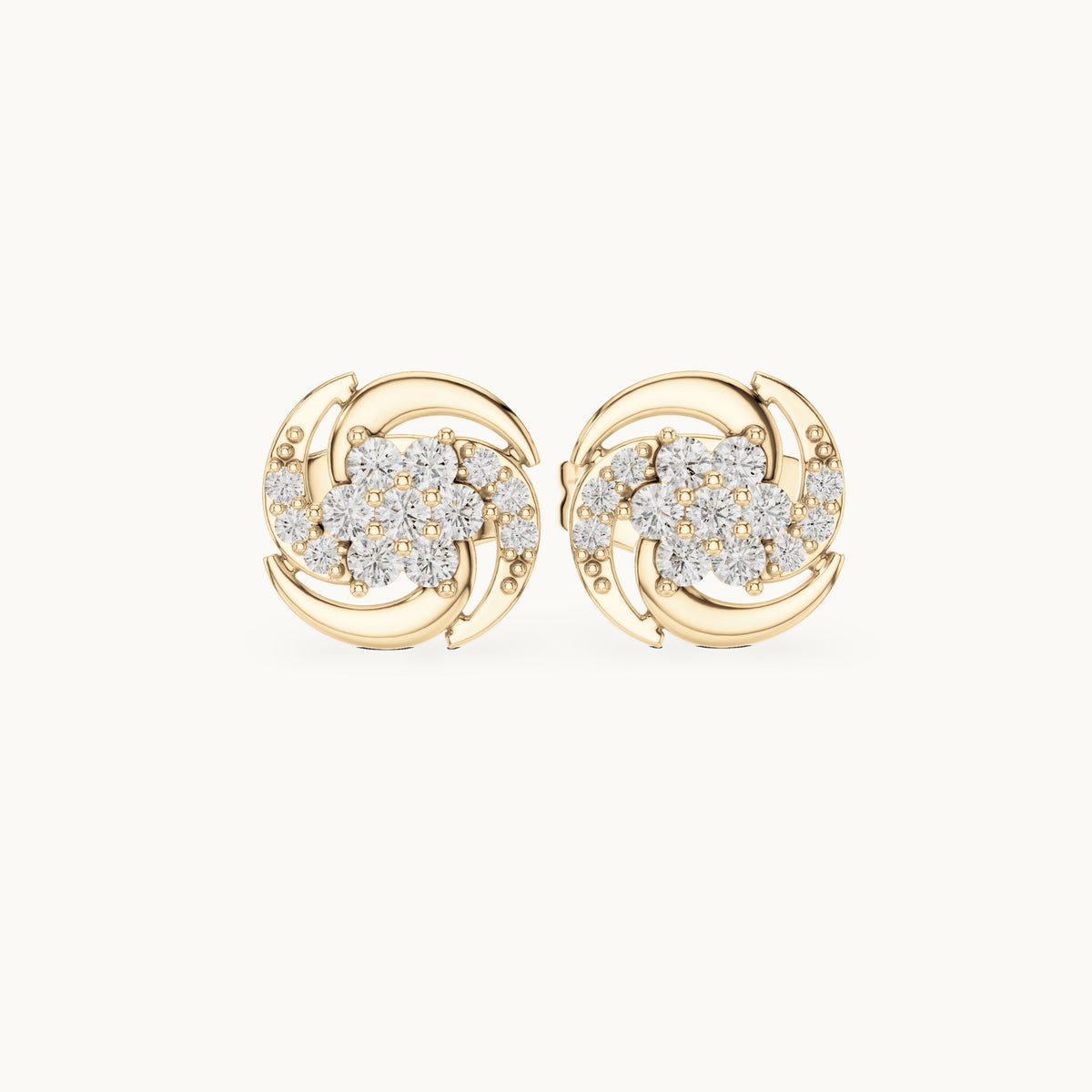 Round lab-grown diamond pinwheel cluster stud earrings in yellow gold, 0.18 CT TW, view 4
