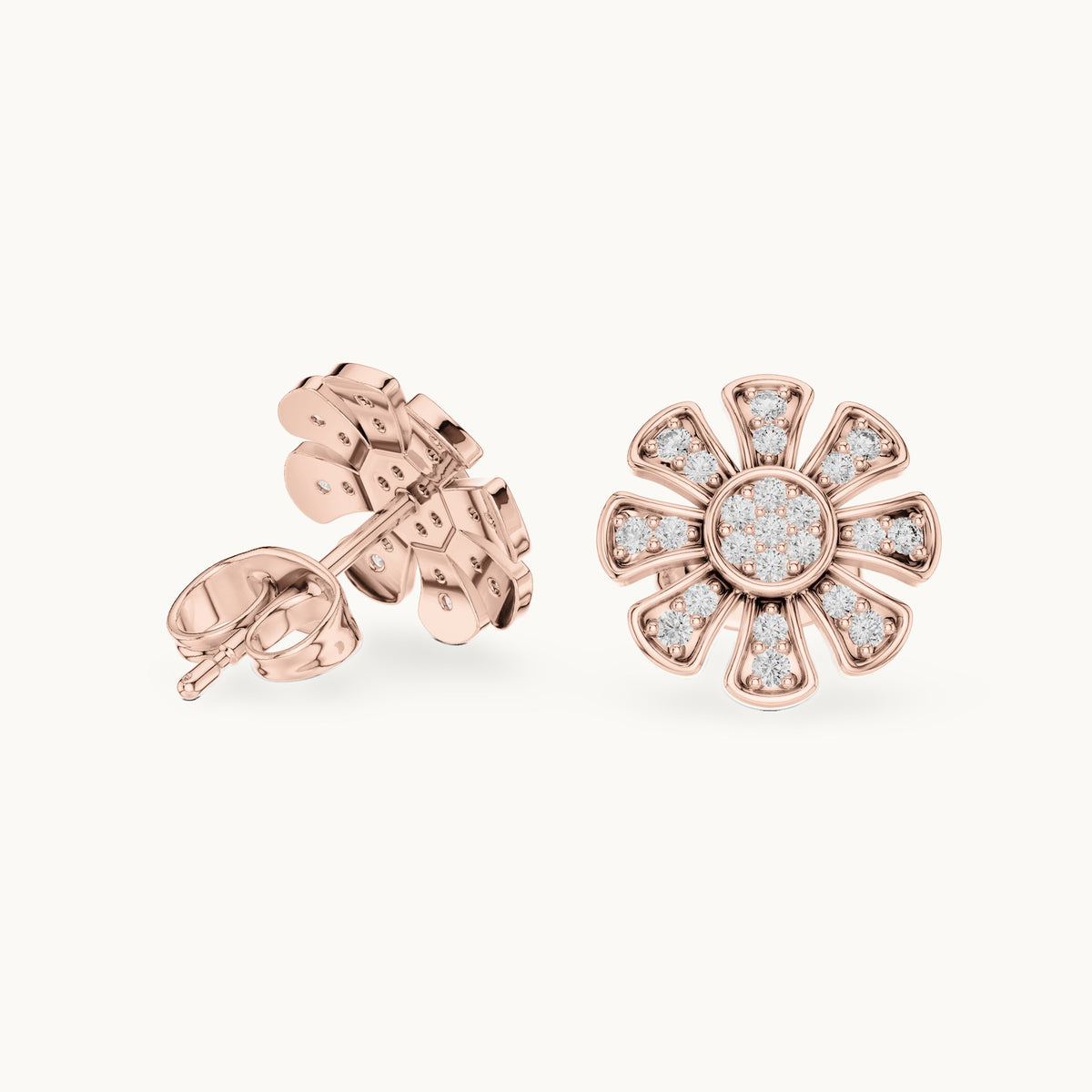 Round lab-grown diamond daisy flower stud earrings in rose gold, 0.24 CT TW, view 1