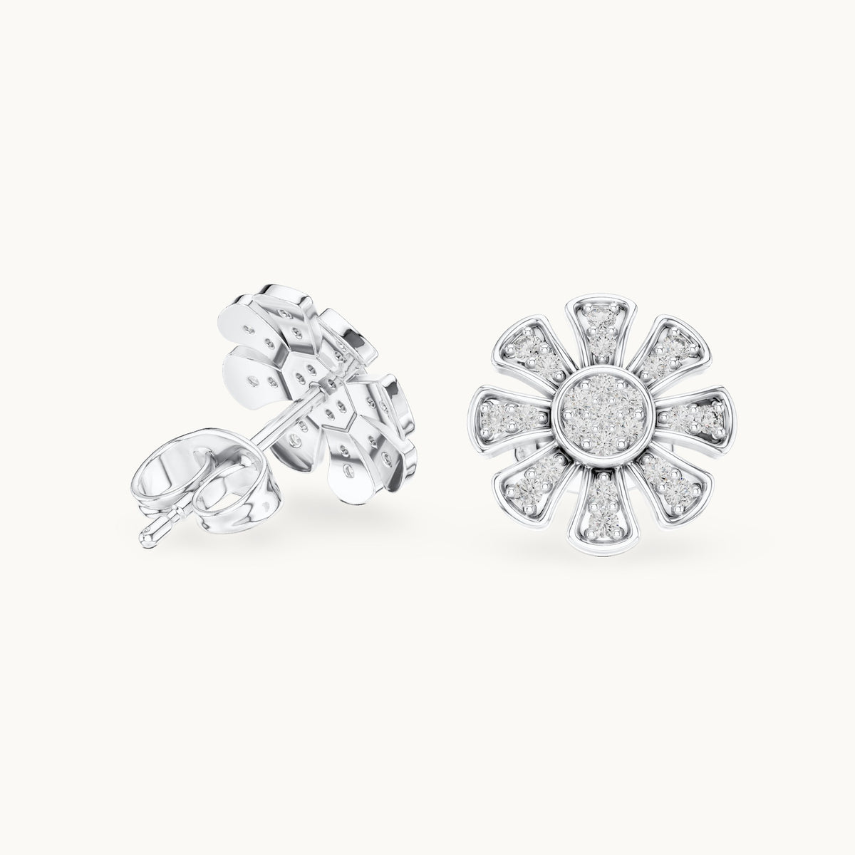 Round lab-grown diamond daisy flower stud earrings in white gold, 0.24 CT TW, view 1