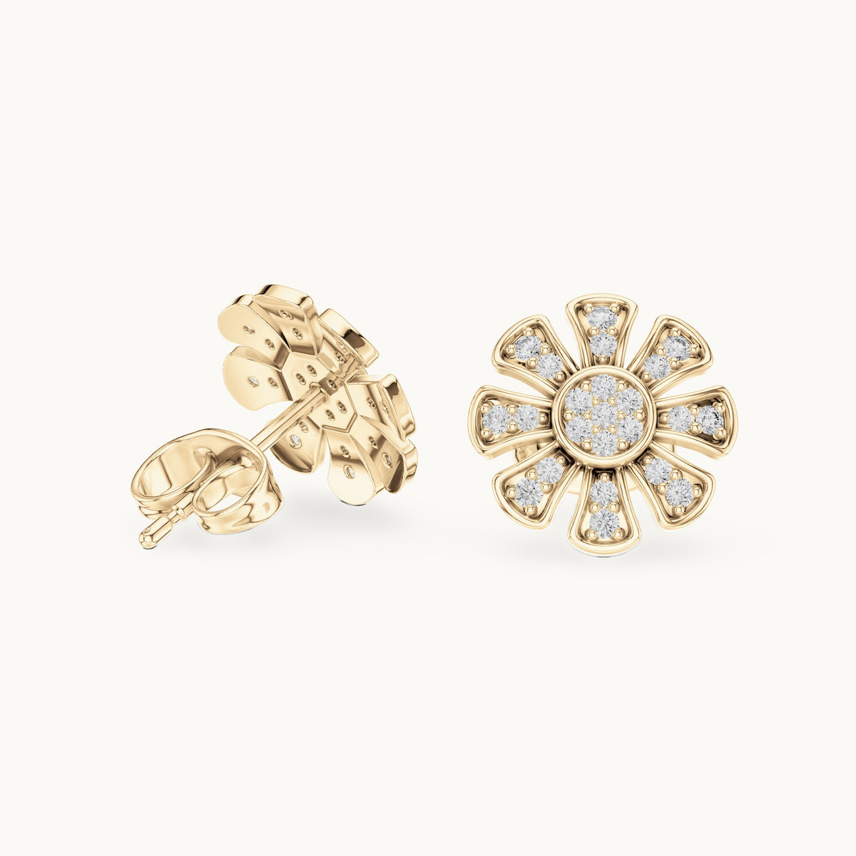 Round lab-grown diamond daisy flower stud earrings in yellow gold, 0.24 CT TW, view 1