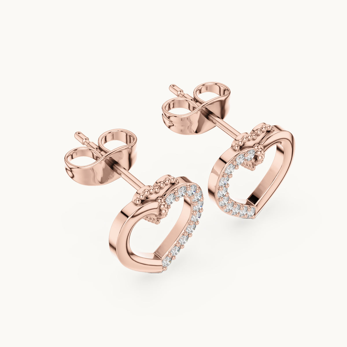 Round lab-grown diamond open heart stud earrings in rose gold, 0.12 CT TW, view 2