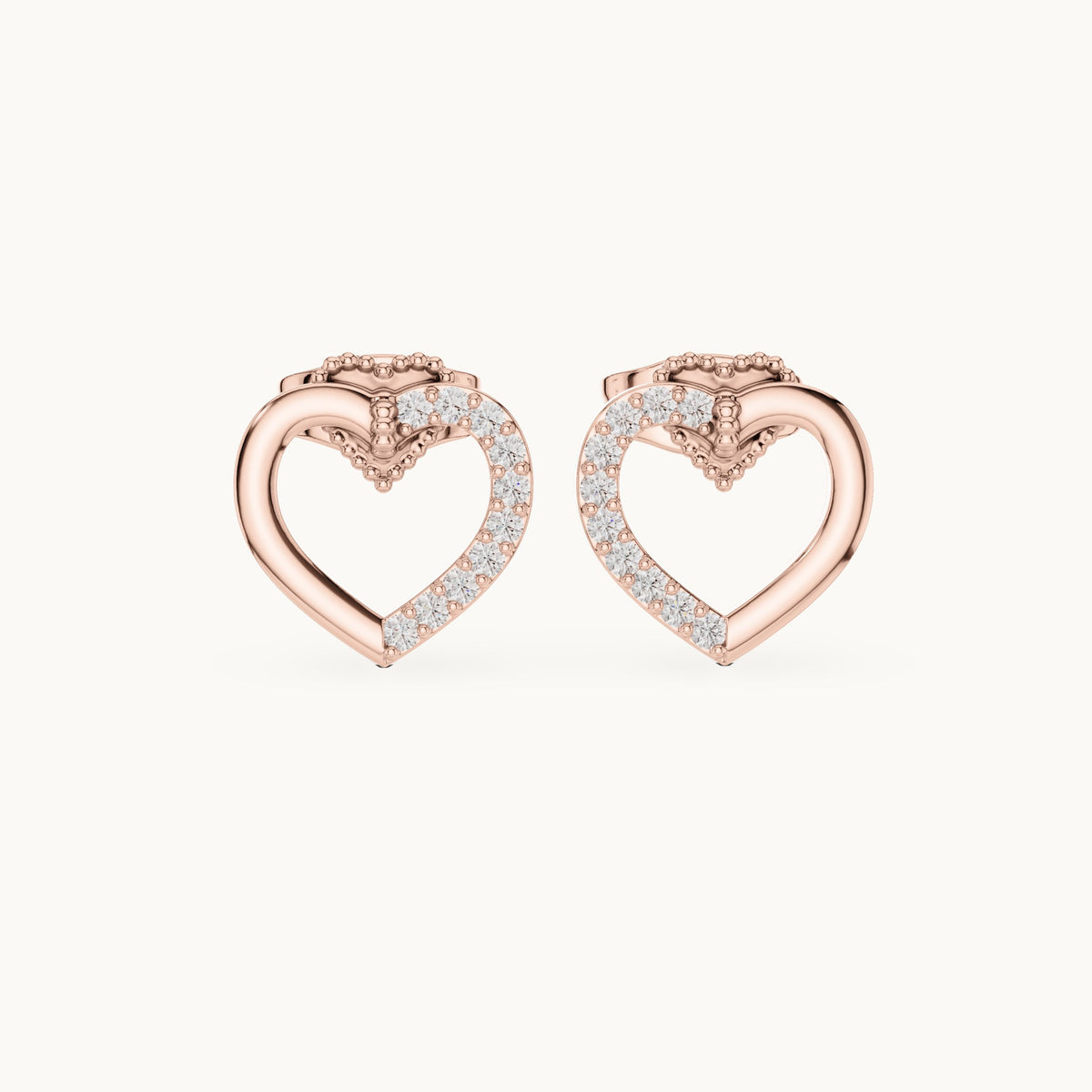 Round lab-grown diamond open heart stud earrings in rose gold, 0.12 CT TW, view 4