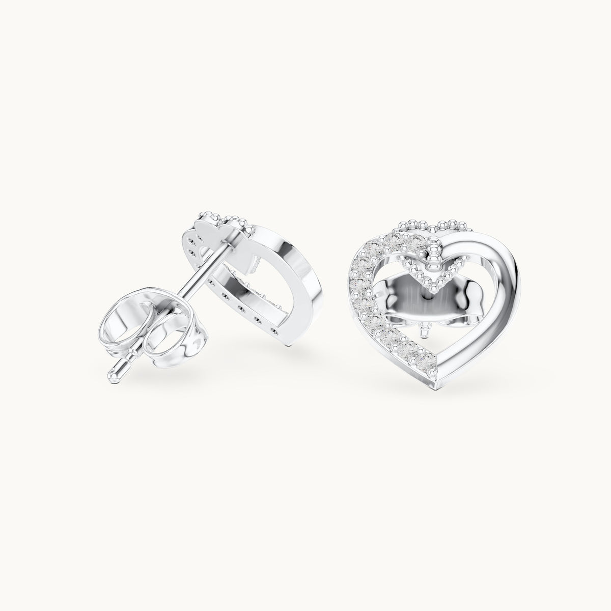 Round lab-grown diamond open heart stud earrings in white gold, 0.12 CT TW, view 1