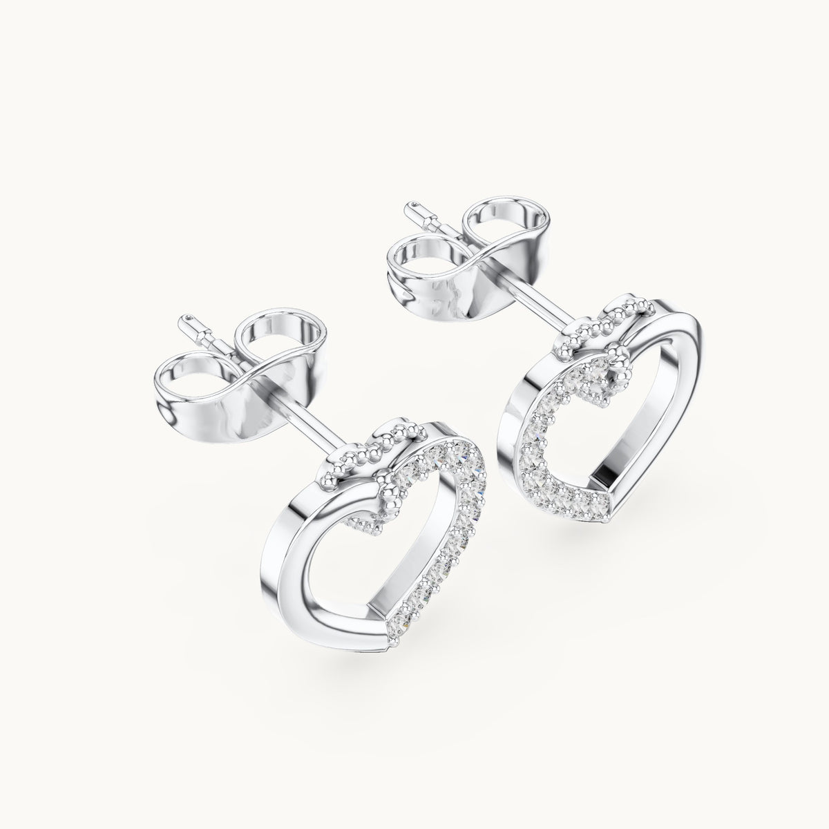 Round lab-grown diamond open heart stud earrings in white gold, 0.12 CT TW, view 2
