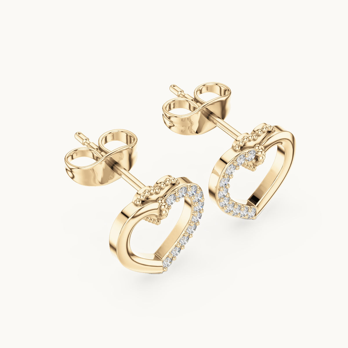 Round lab-grown diamond open heart stud earrings in yellow gold, 0.12 CT TW, view 2